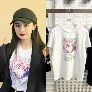 杨幂同款衣服2021夏季卡通美少女战士纯棉上衣女白色短袖t恤ins潮