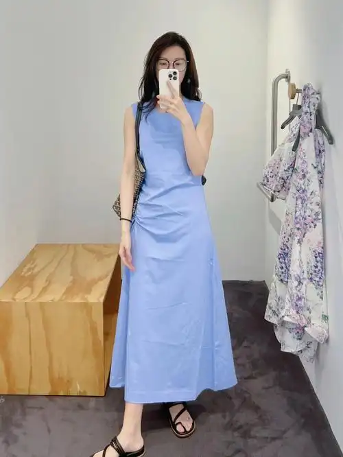 cos浅蓝色褶皱设计感连衣裙绝绝子气质