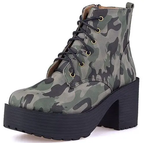2013秋季迷彩军靴高跟粗跟厚底短靴女式骑士靴交叉绑带防滑底女靴