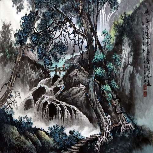 纯手绘小四尺横幅客厅书房写意峡谷瀑布小桥流水山水画名人字画