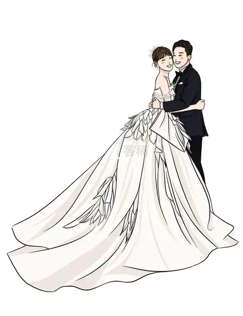 卡通线条风手绘婚纱照客稿