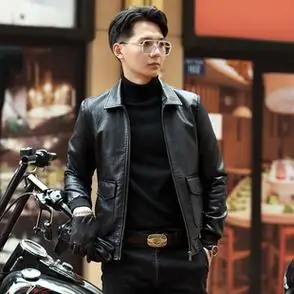 男士机车外套潮2021秋季真皮翻领皮夹克短款男韩版新款休闲修身