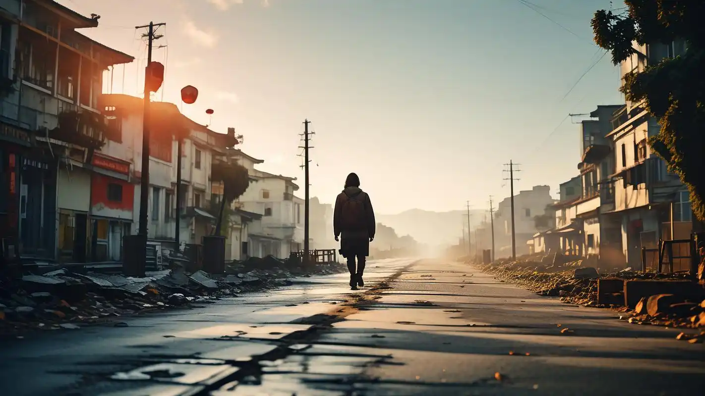 一个人,一条城镇道路,一段未知的旅程