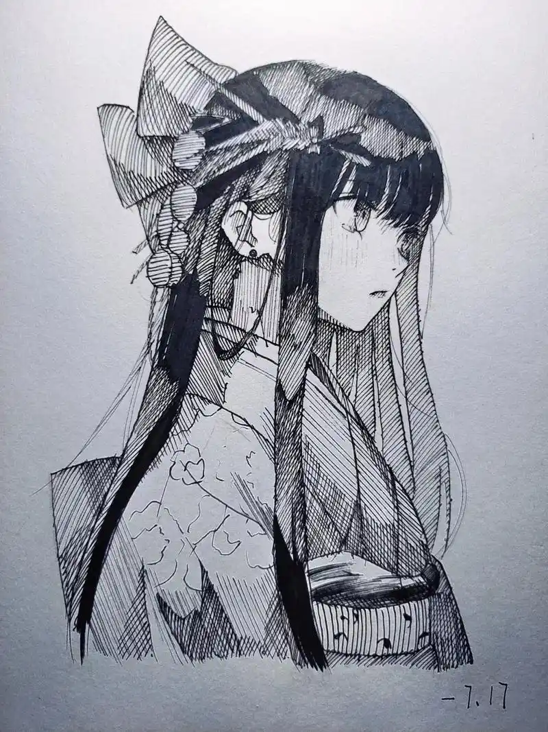 手绘 #少女 杂乱无章63156315#二次元 #黑白系 #针管笔 - 抖