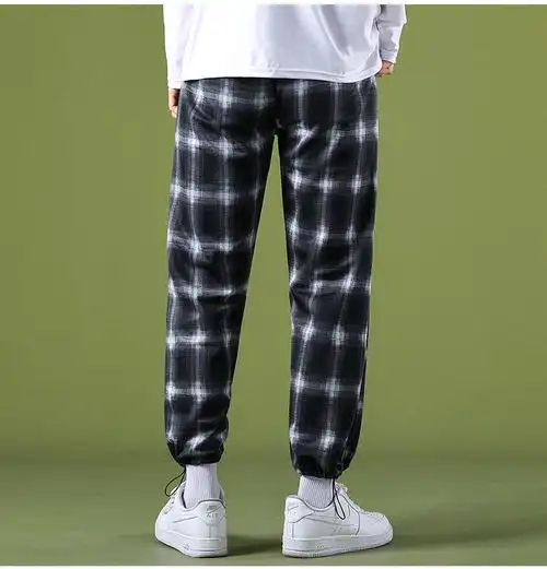 baldauren夏季ins高街格子裤男潮流拼色哈伦裤直筒韩系抽绳阔腿小脚