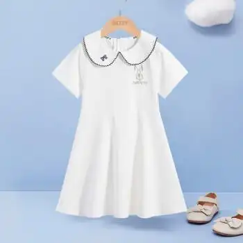 娃娃领甜美连衣裙儿童连衣裙氧气女童裙子可爱娃娃领短袖裙白色120cm