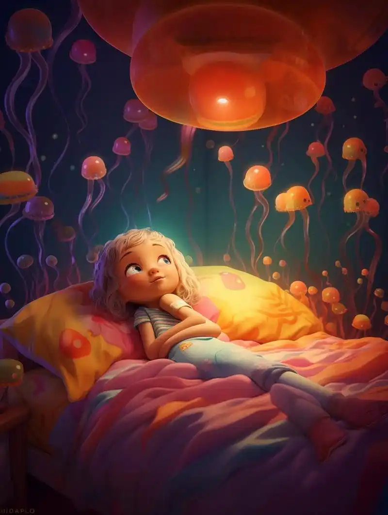 midjourney绘图梦中的画面 关键词:一个可爱的小女孩躺在床上做梦