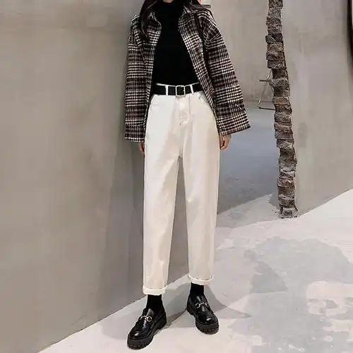 白色裤子女2020秋冬新款高腰直筒烟管宽松显瘦百搭米色老爹牛仔裤