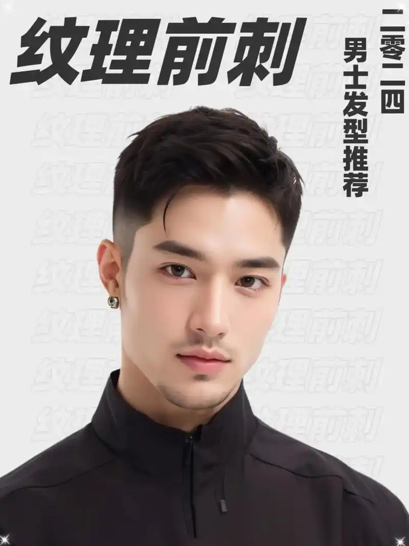 男士纹理前刺发型是一种将头顶头发剪短并打造出向前刺出效果的发型