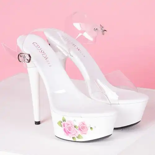 厚底高跟鞋细跟_2019夏t台走秀高跟鞋15cm细跟粉色花朵透明水晶鞋厚底