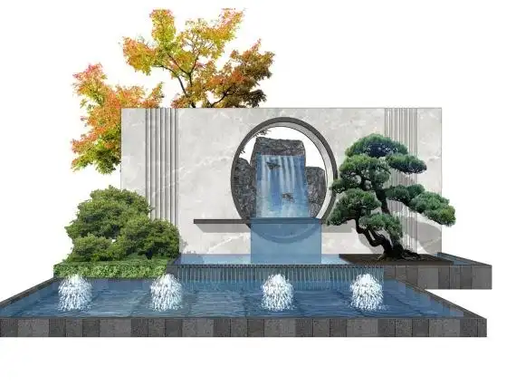 新中式流水景墙su模型