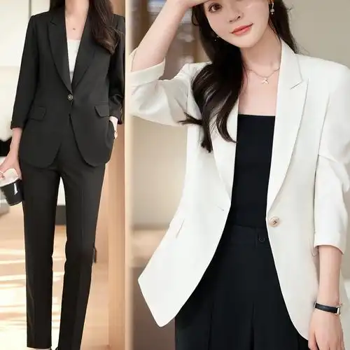 小个子小西装女短款薄款外套高级感夏季职业正装黑色收腰西服套装