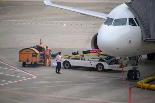 飞机已到达,机场的地勤工作人员们正通过传送带卸行李.