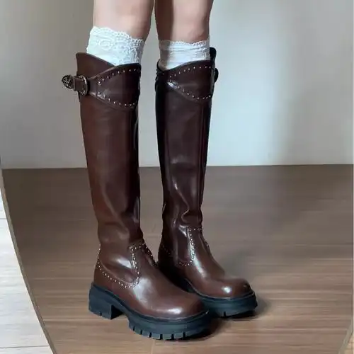 高级感牛皮版~复古高筒骑士靴女秋冬季加绒不过膝长靴女长筒靴女
