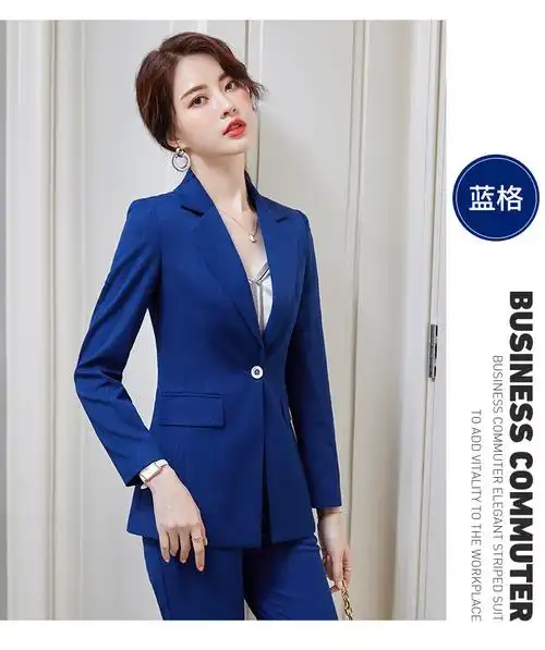 蓝色西装外套女修身小个子春秋长袖气质职业装商务正装小西服套装
