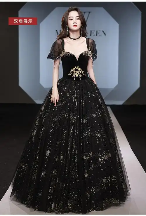 黑色宴会晚礼服裙新款长款气质女年会独唱声乐演出艺考主持人礼服