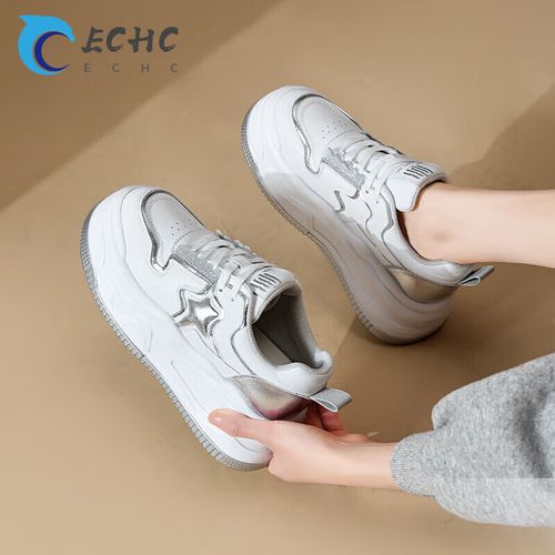 厚底小白鞋女2024春季新款星星松糕鞋百搭休闲运动增高拼色板 白银 34