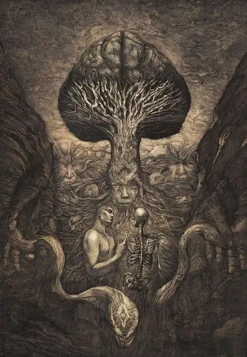 也是各有韵味,今天分享的素描作品画面诡异,惊悚又带着一丝奇幻.