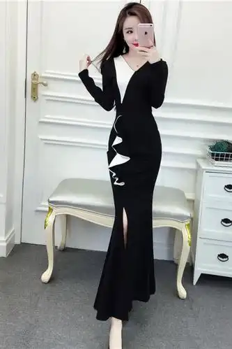 新款女装韩版性感名媛气质修身显瘦荷叶边撞色拼接连衣裙开叉礼服长裙