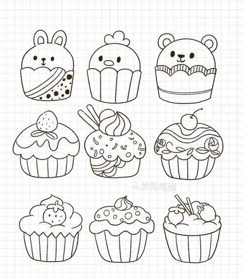 简笔画|草莓樱桃纸杯蛋糕甜点甜品手帐素材_甜品_简笔草莓蛋糕儿童简