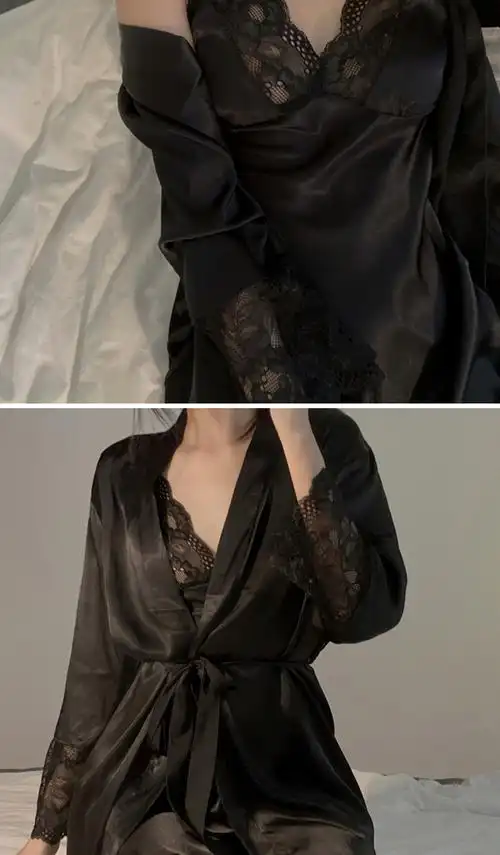 源兴2005性感现货蕾丝镂空吊带睡袍仿真丝睡裙家居服(官图) - 17网