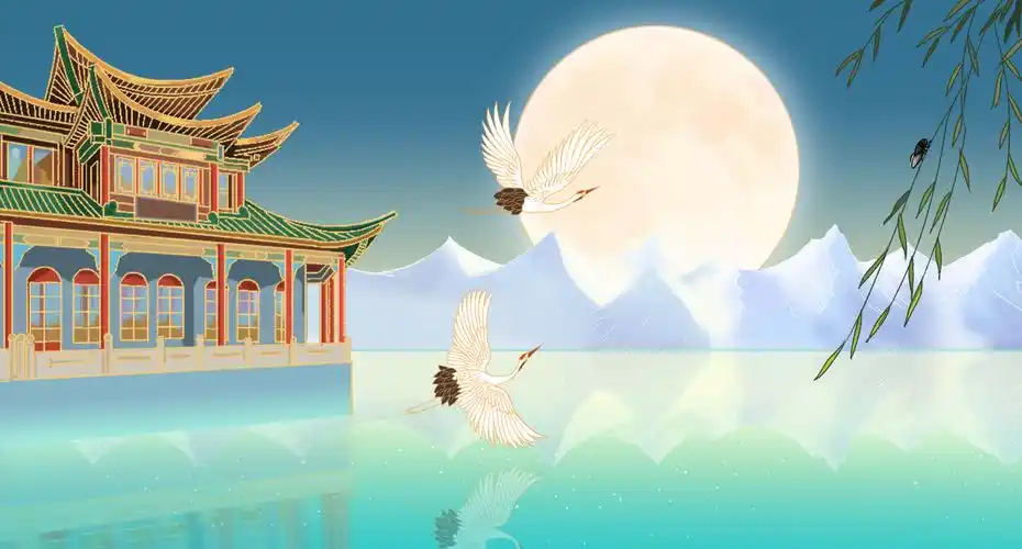 中国风节气古建筑中秋节团圆夜景月亮背景古风国潮风插画