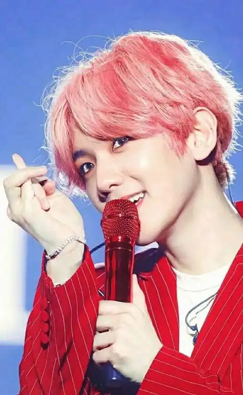 正常粉丝:粉头发好美!红西装好.