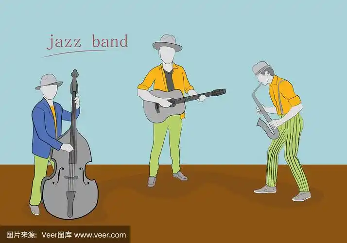 用不同乐器演奏的爵士乐队.为设计和信息图手绘卡通矢量插图.