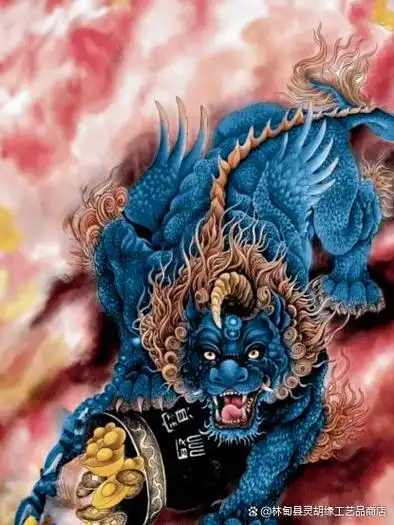 貔貅的外貌独特,通常被描绘为一只巨大的野兽,拥有猛烈的爪子和锋利的