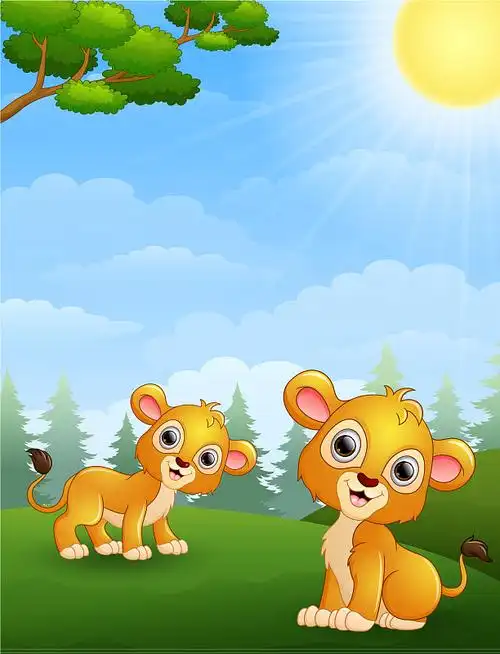 卡通小狮子坐在草地上的背架上