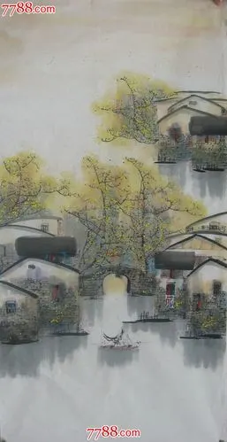 名人真迹国画四尺山水国画水乡画之小桥流水人家