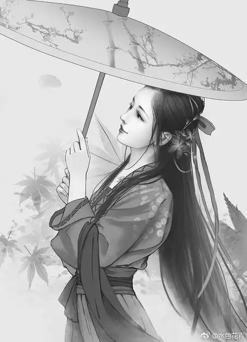 手绘古风持伞女子画师:水色花青
