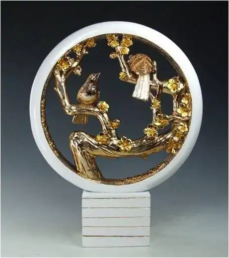 圆形电镀鸟工艺品装饰摆件 别墅样板房软装配饰家居 喜上眉梢