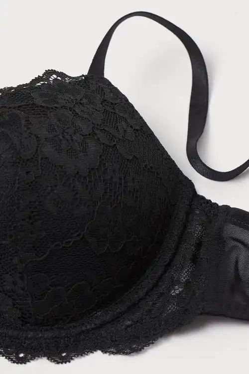 蕾丝强力聚拢型文胸 - 黑色| h&m cn