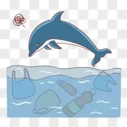 手绘卡通海洋生物被塑料垃圾污染元素