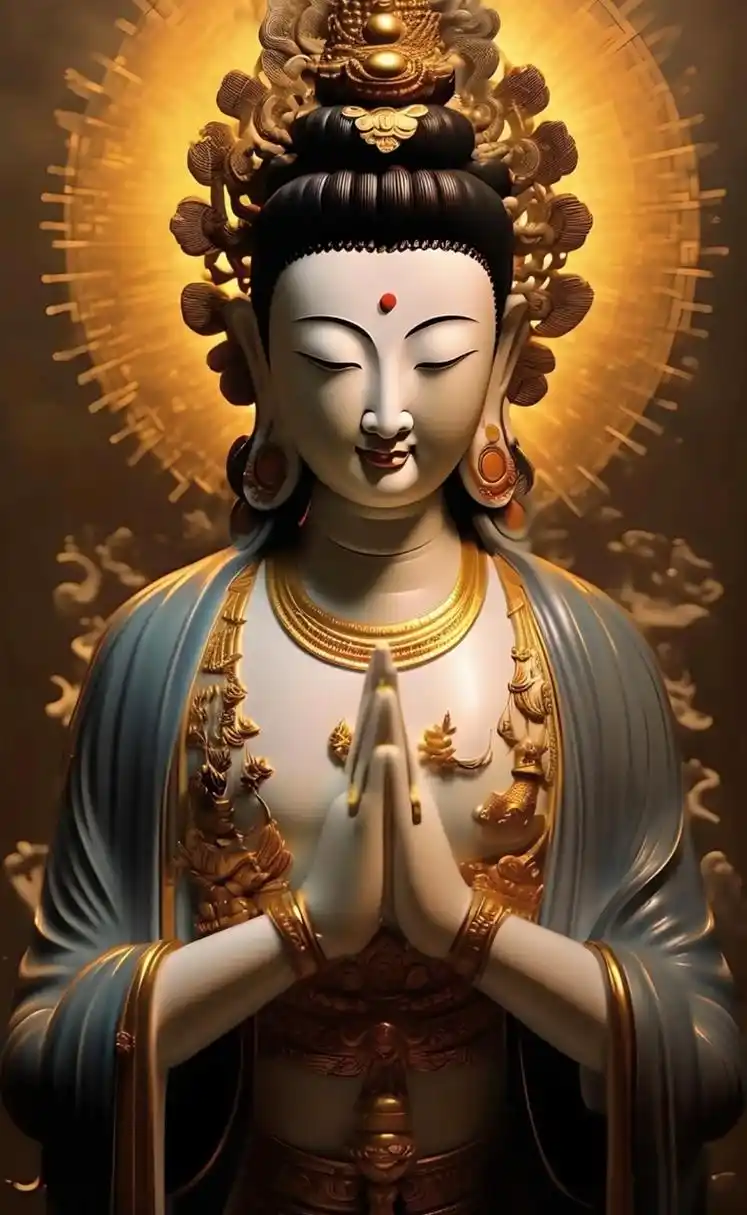 观音菩萨,身穿金衣,头戴宝冠,双手合十,祈祷着世界的和平与美好.