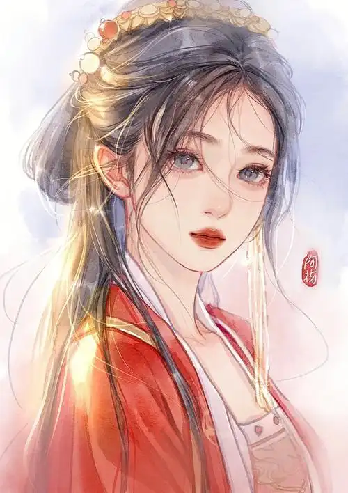 古风红衣少女79水彩风附过程图