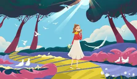 女孩提着花篮轻嗅花香鸽子在旁飞起横版插画