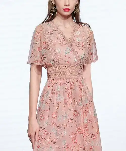 粉色印花雪纺长裙裙子气质短袖显瘦中长款连衣裙女装夏季2020新款