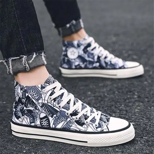 诺妮梦秋季高帮鞋男韩版潮流百搭涂鸦鞋子男潮鞋学生帆布鞋透气高邦