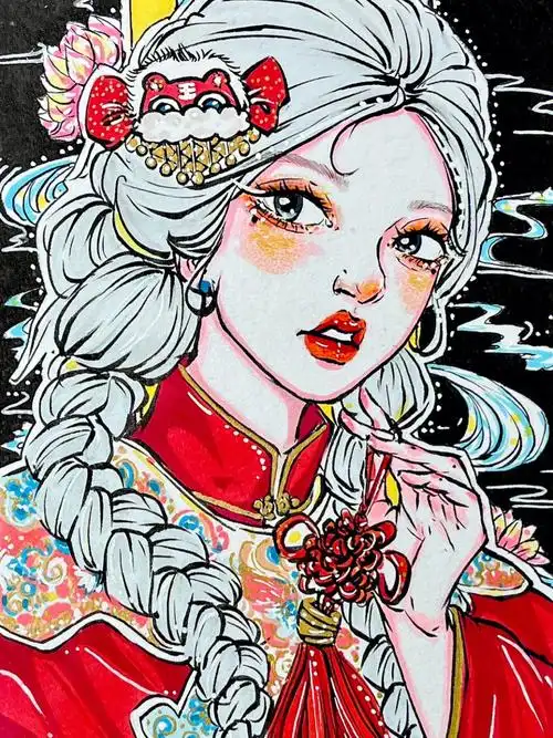 马克笔中国风少女附过程线稿