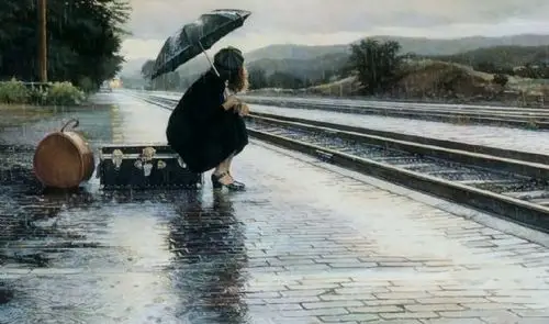 火车站雨中等待的打伞美女ppt背景图片