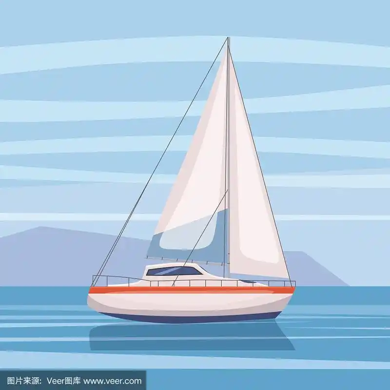 漂浮在水面上的帆船.矢量彩色插图.孤立.卡通风格