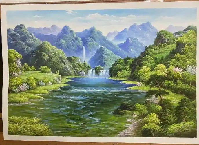 山水油画山峰河流湖泊油画