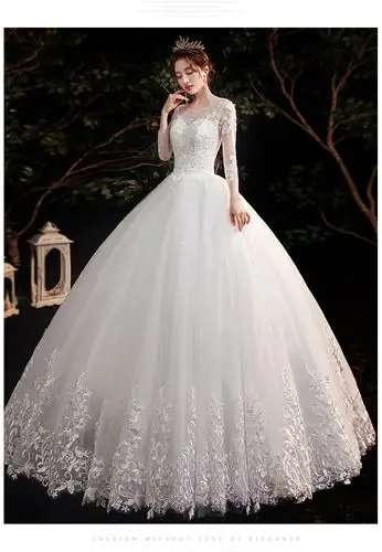 一字肩主婚纱礼服2021新款新娘气质齐地轻小个子女生穿的长袖春季简约