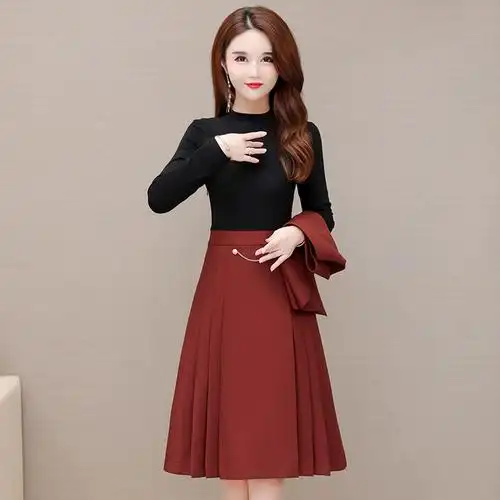 中长款女装百褶伞裙小个子背心小马甲两件套圆领长袖2021春秋新款