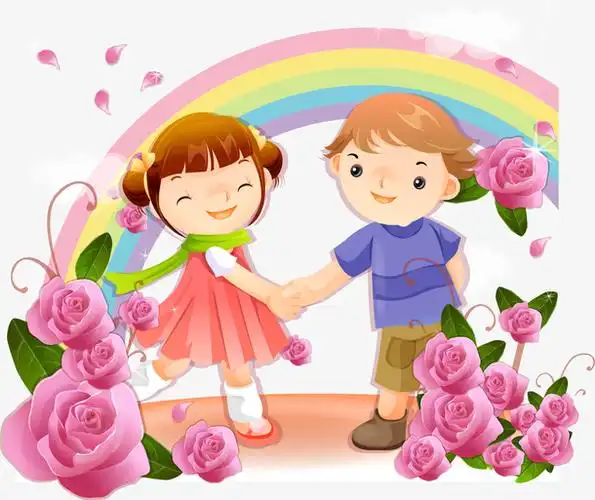 卡通小男孩小女孩两人握手