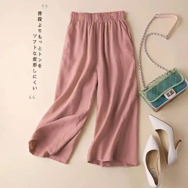 文艺粉色棉麻女裤小个子阔腿裤胖妈妈宽松九.