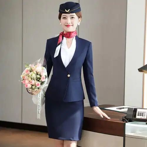 2021春秋空姐制服职业装套装裙女航空长袖修身酒店美容师工作服
