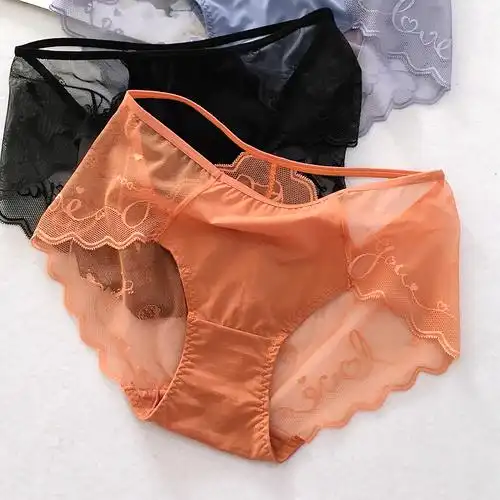 性感透明平角内裤女冰丝款蕾丝中腰调情火辣骚超薄诱惑镂空网纱红